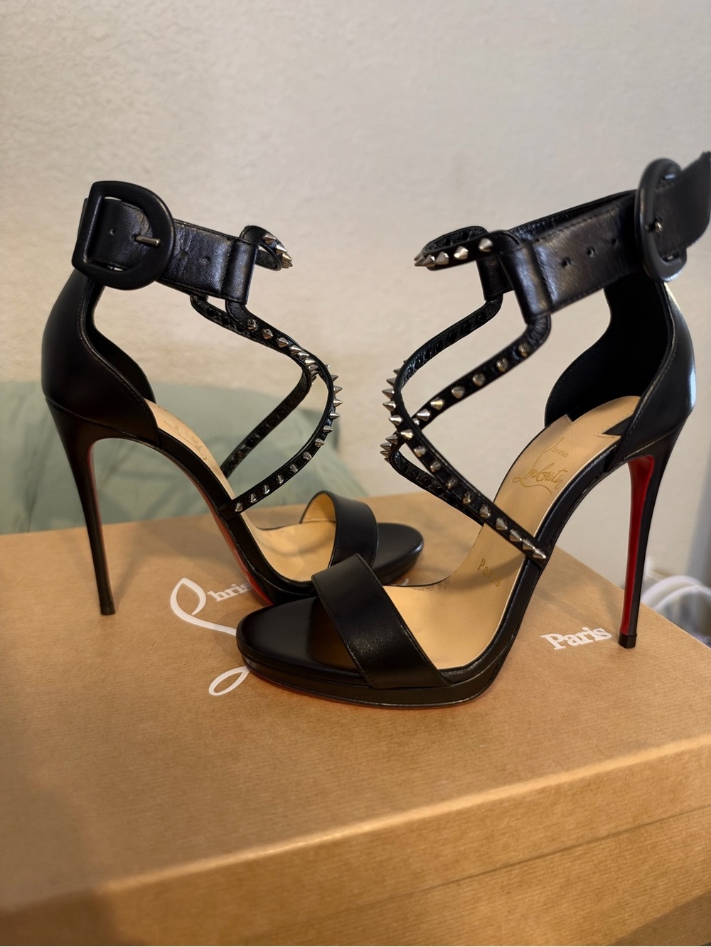 Christian Louboutin Choca LUX 120 mm Black Leather Studded Ankle-Strap heels